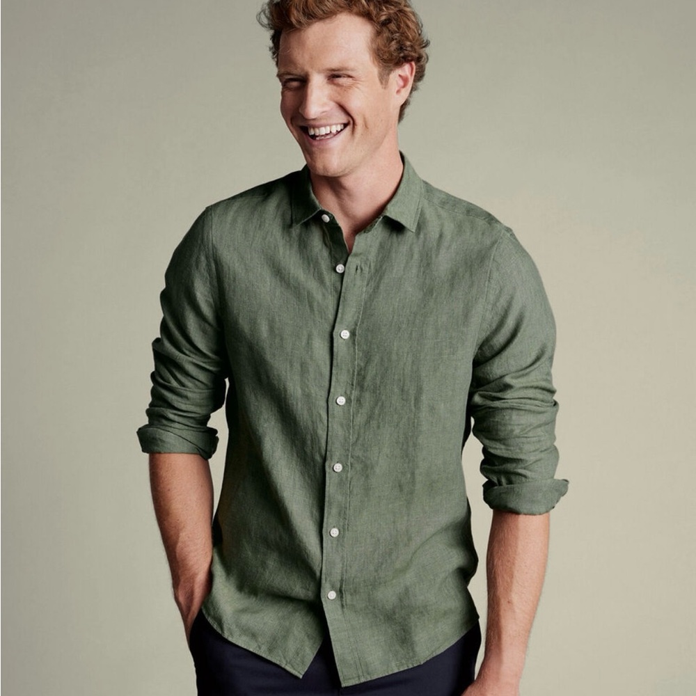 CHARLES TYRWHITT OLIVE GREEN 100% LINEN BUTTON DOWN LONG SLEEVE SHIRT SIZE XXL